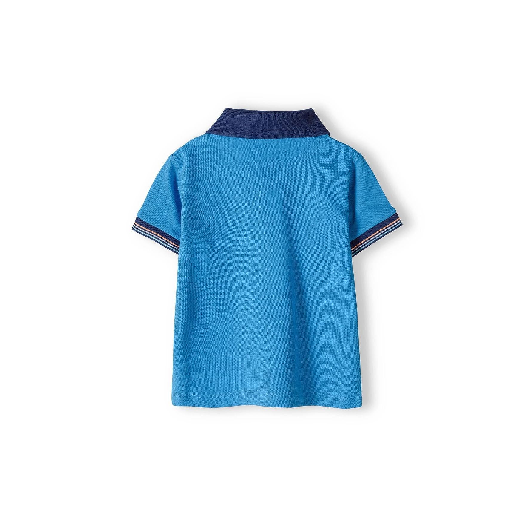 Back view of turquoise polo shirt showing contrast navy collar, striped sleeve cuffs and overall garment construction on white background