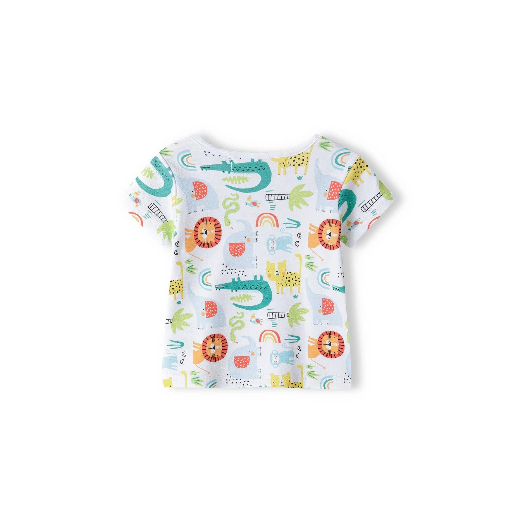 Flat lay back view of animal print t-shirt showing continued pattern across the garment with white ribbed crew neckline and Minoti label visible