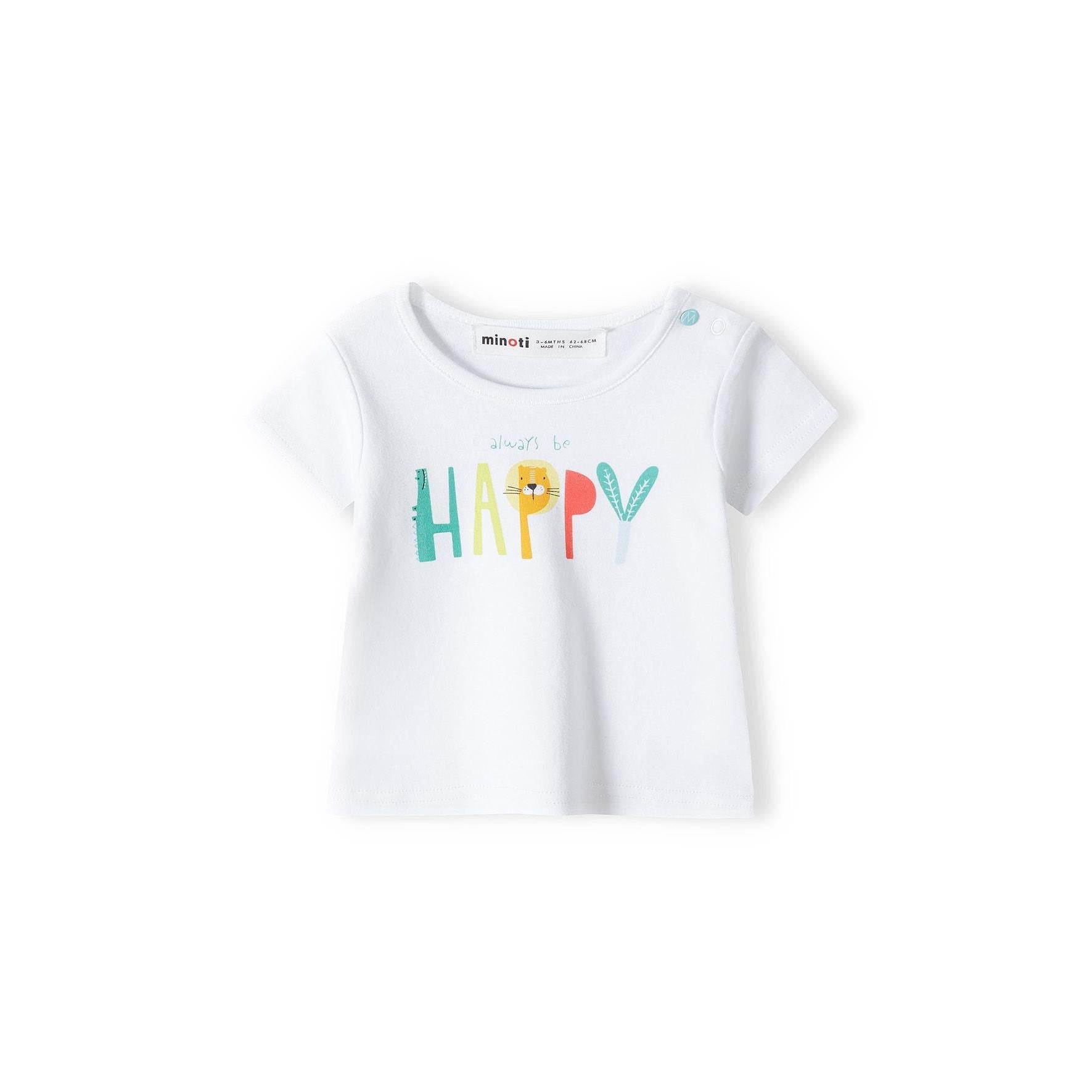 Close-up front view of animal print baby t-shirt showing detailed pattern with safari animals, rainbows, strawberries and foliage on light blue background
