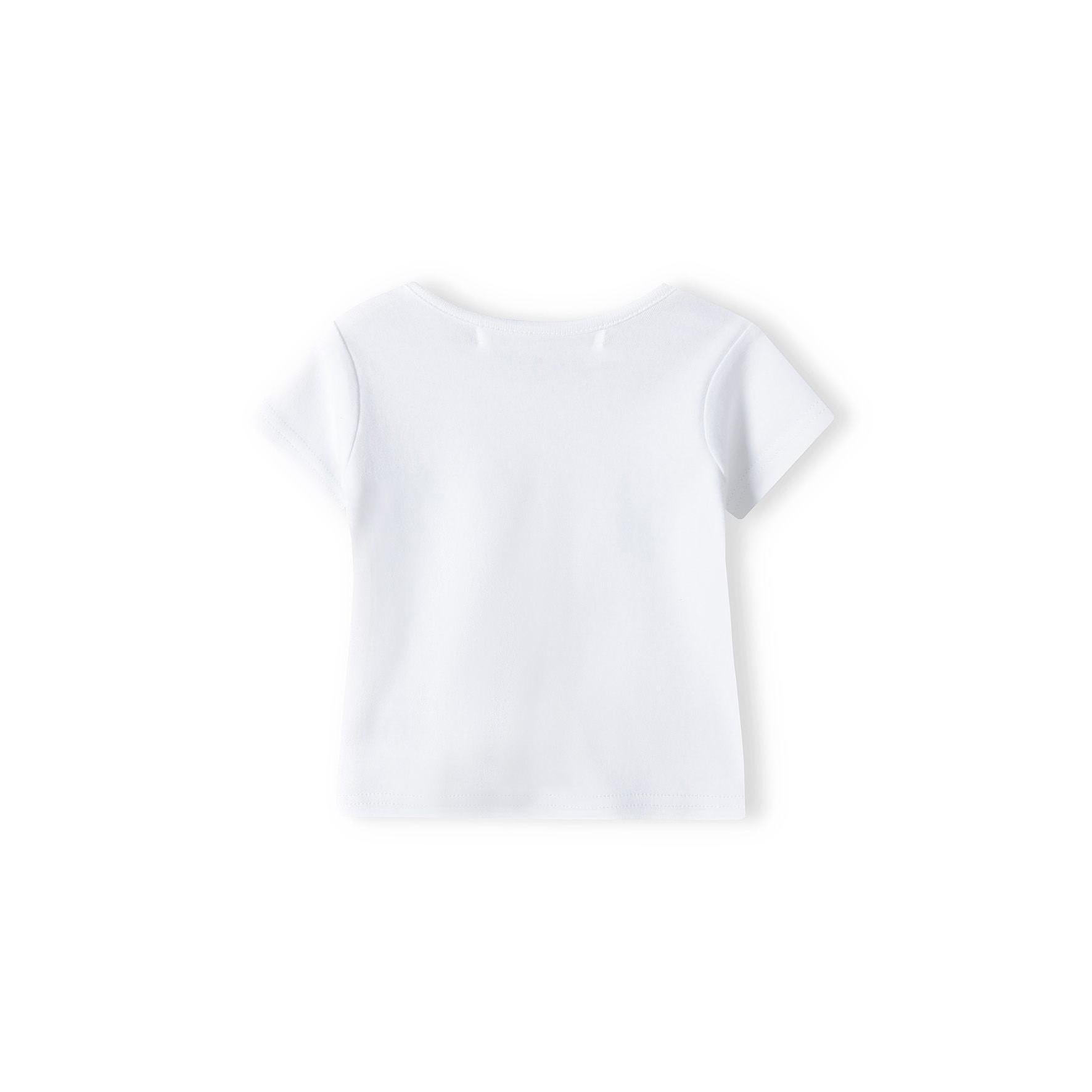 Flat lay back view of animal print t-shirt showing continued pattern across the garment with white ribbed crew neckline and Minoti label visible