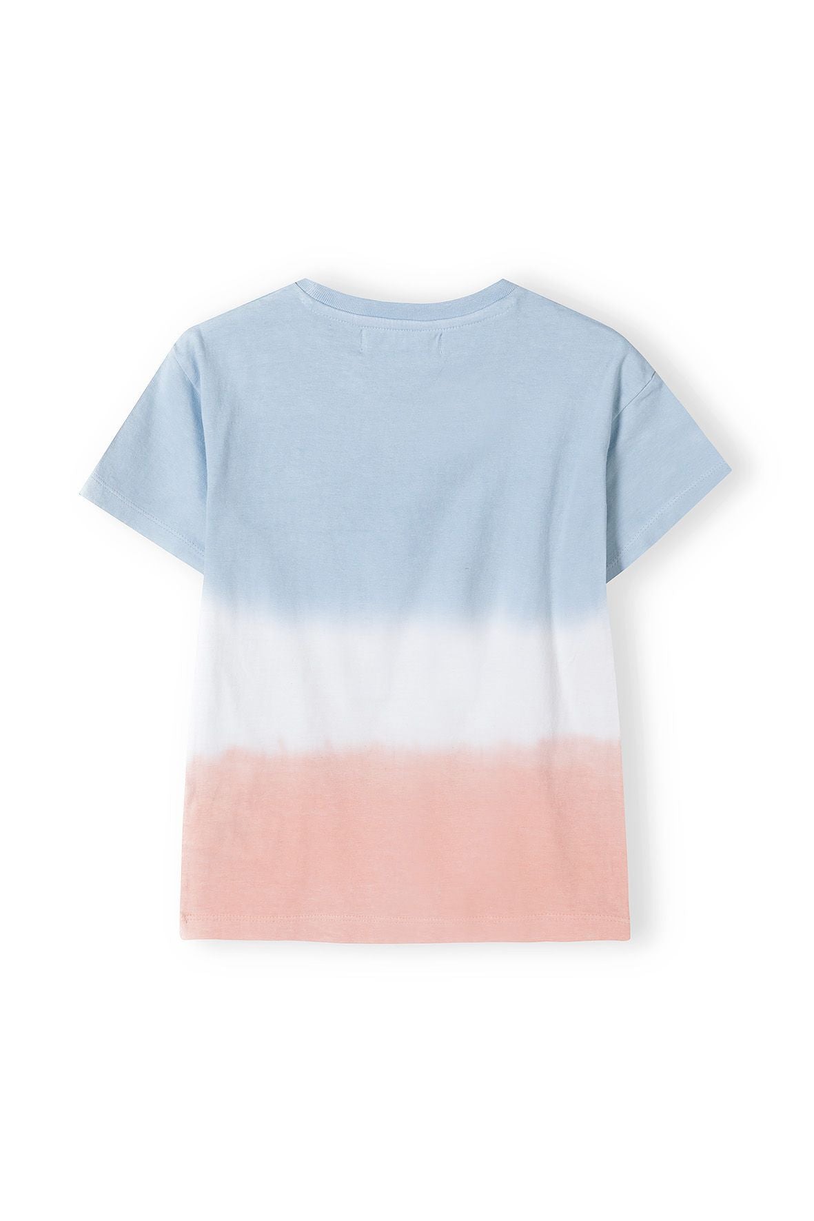 Pale blue, white and peach graphic t-shirt, back.