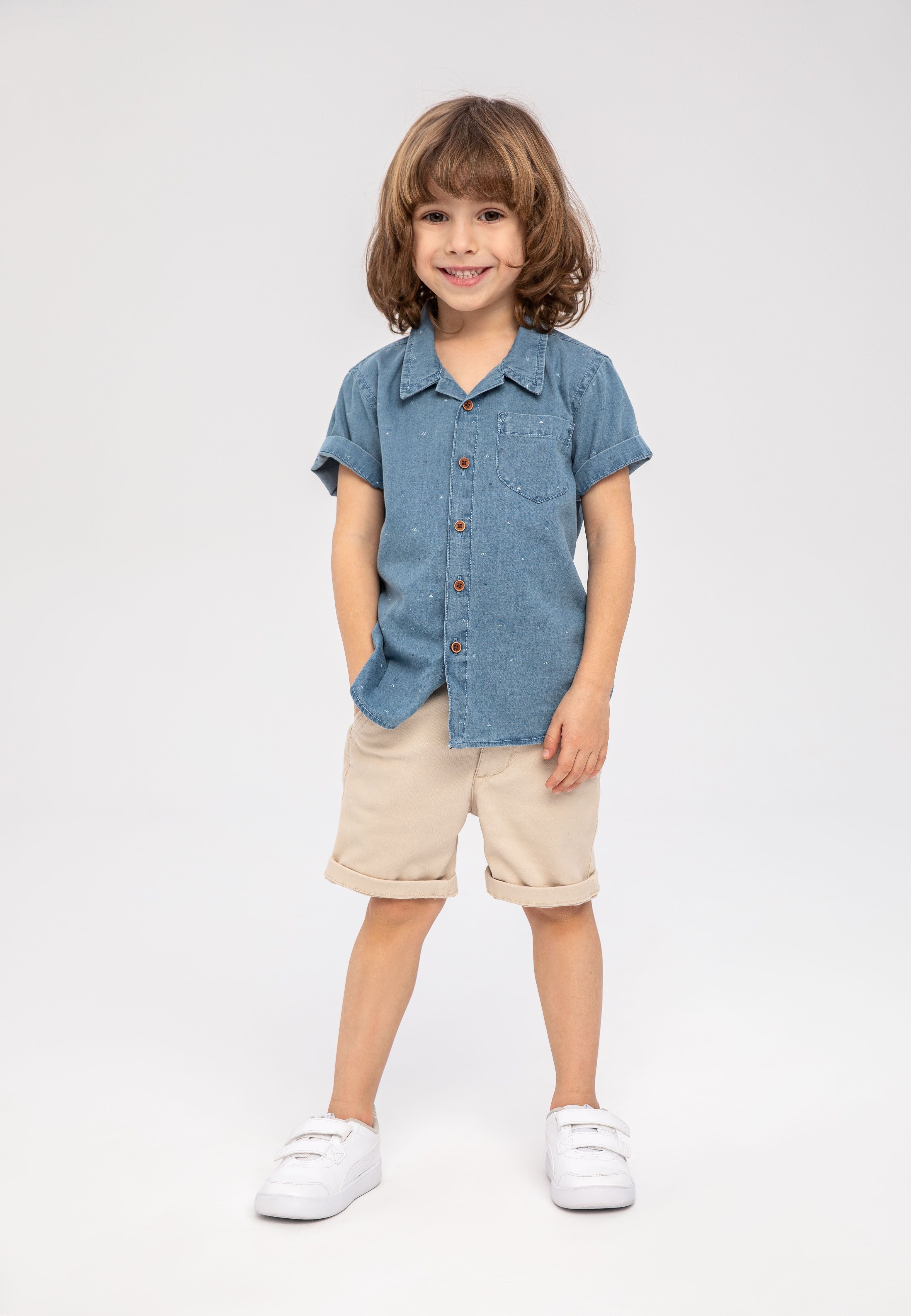 Denim Shirt Light Blue Speckled Print Short Sleeve - 4