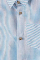 Boys poplin shirt with striped pattern white 3-14y featuring light blue stripes, wooden buttons, and a front patch pocket.