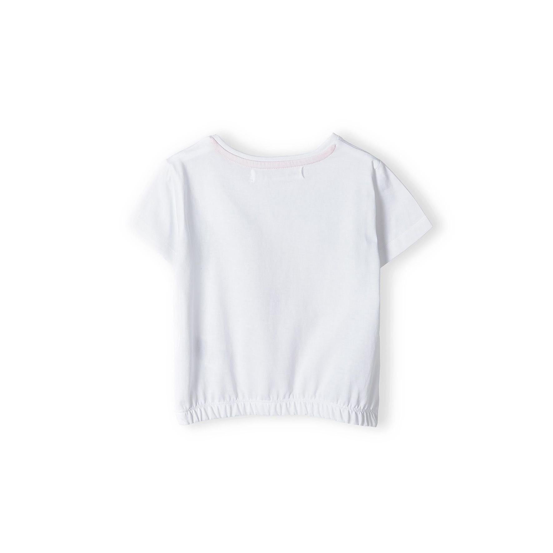 Back view of white t-shirt showing plain design with elasticated hem detail