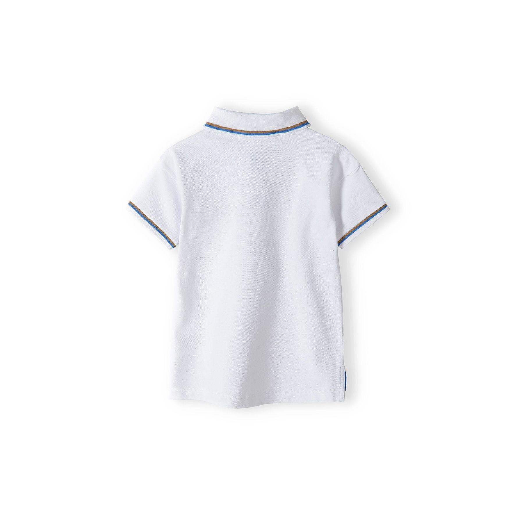 White polo shirt back view flat lay showing contrast tipping on collar and sleeves