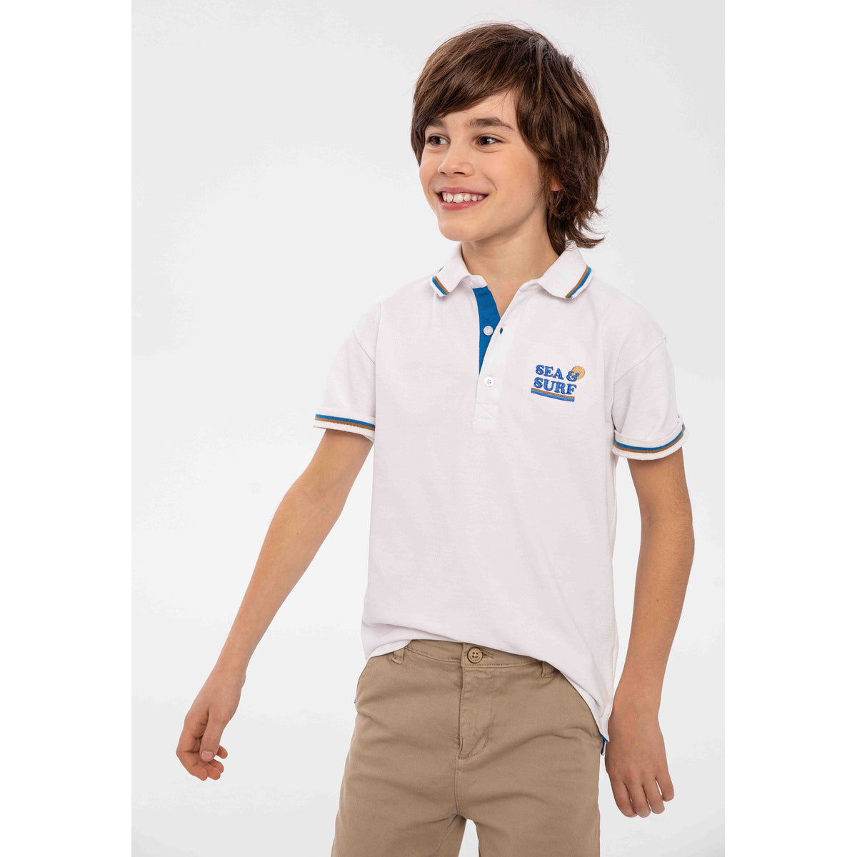 Boys' polo shirt in white — complete product view for square Shop card