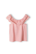 Girls off the shoulder top broiderie anglaise coral 3-14y with frilled bardot neckline and breathable lightweight fabric.