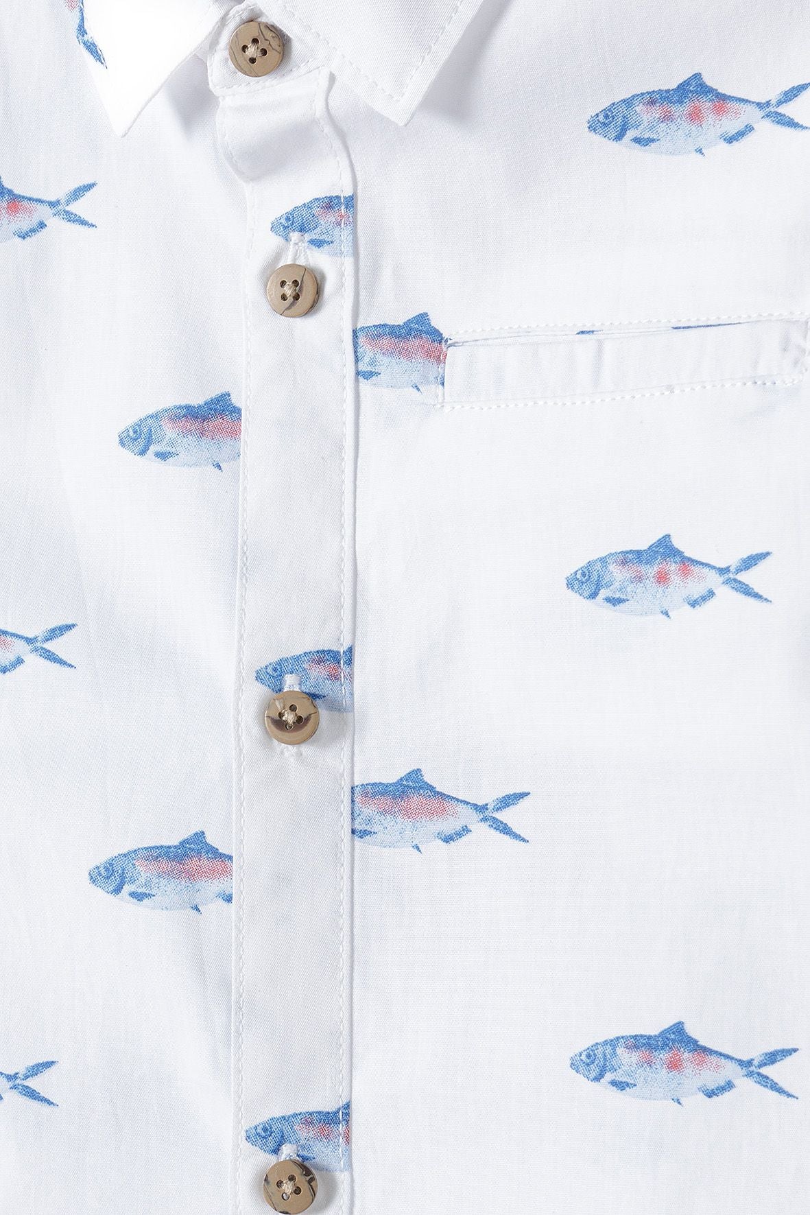 White and blue shirt, pocket and buttons detail.