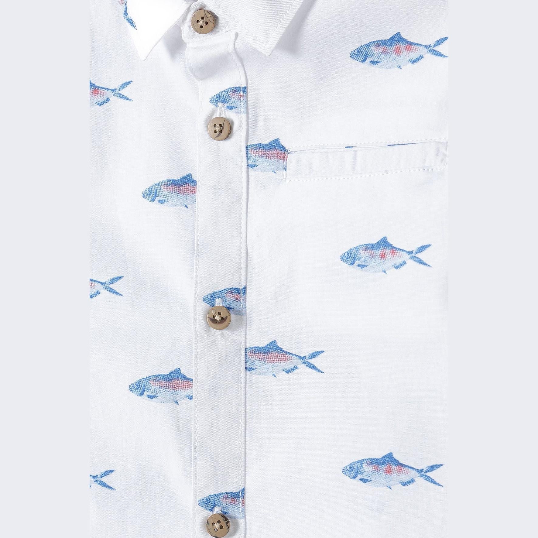 Close-up detail of shirt showing watercolour fish print, wooden buttons and chest pocket on white poplin fabric