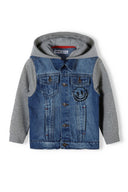 Boys denim jacket with fleece hood blue 1-8y, light blue denim body, soft grey fleece hood, elasticated cuffs. 