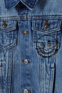 Boys denim jacket with fleece hood blue 1-8y featuring light blue denim fabric, buttoned pockets, and smiley face detail.