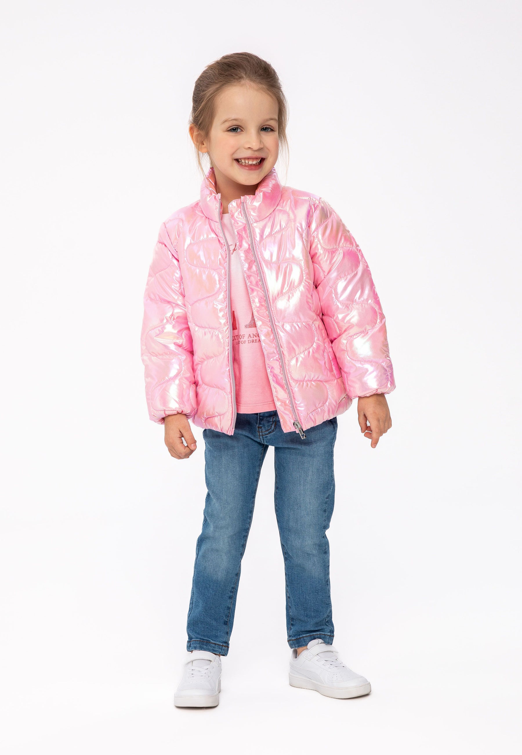 Quilted Puffer Jacket, Shimmery Pink, Funnel Neck - 1