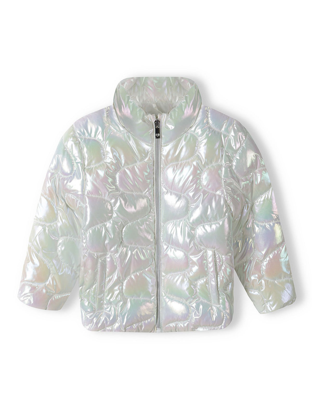 Front of a white quilted jacket.
