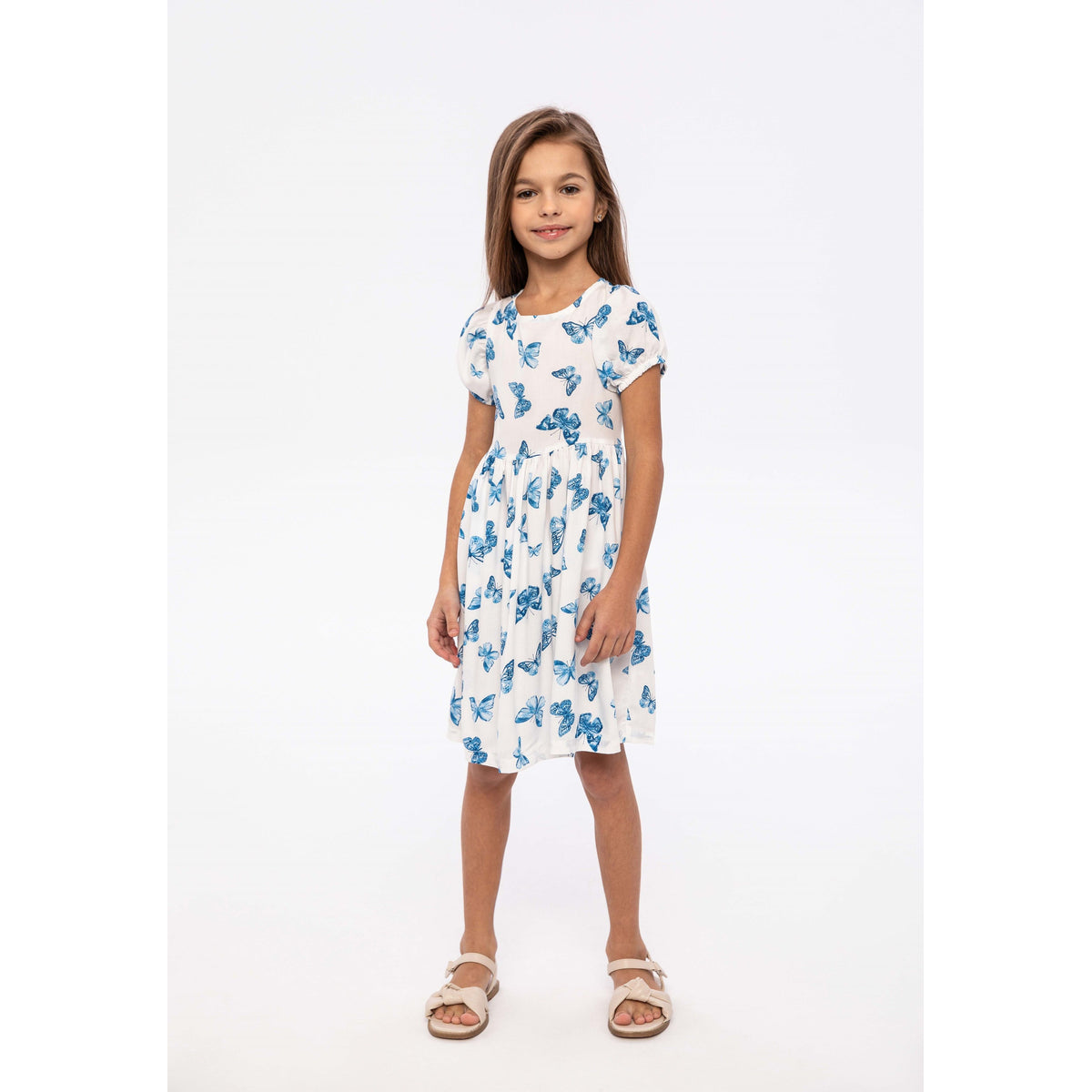 Girls' butterfly print dress in white and blue — complete product view for square Shop card