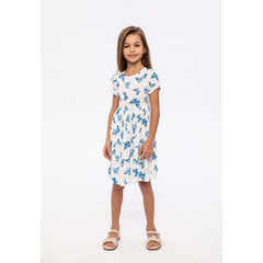 Girls' butterfly print dress in white and blue