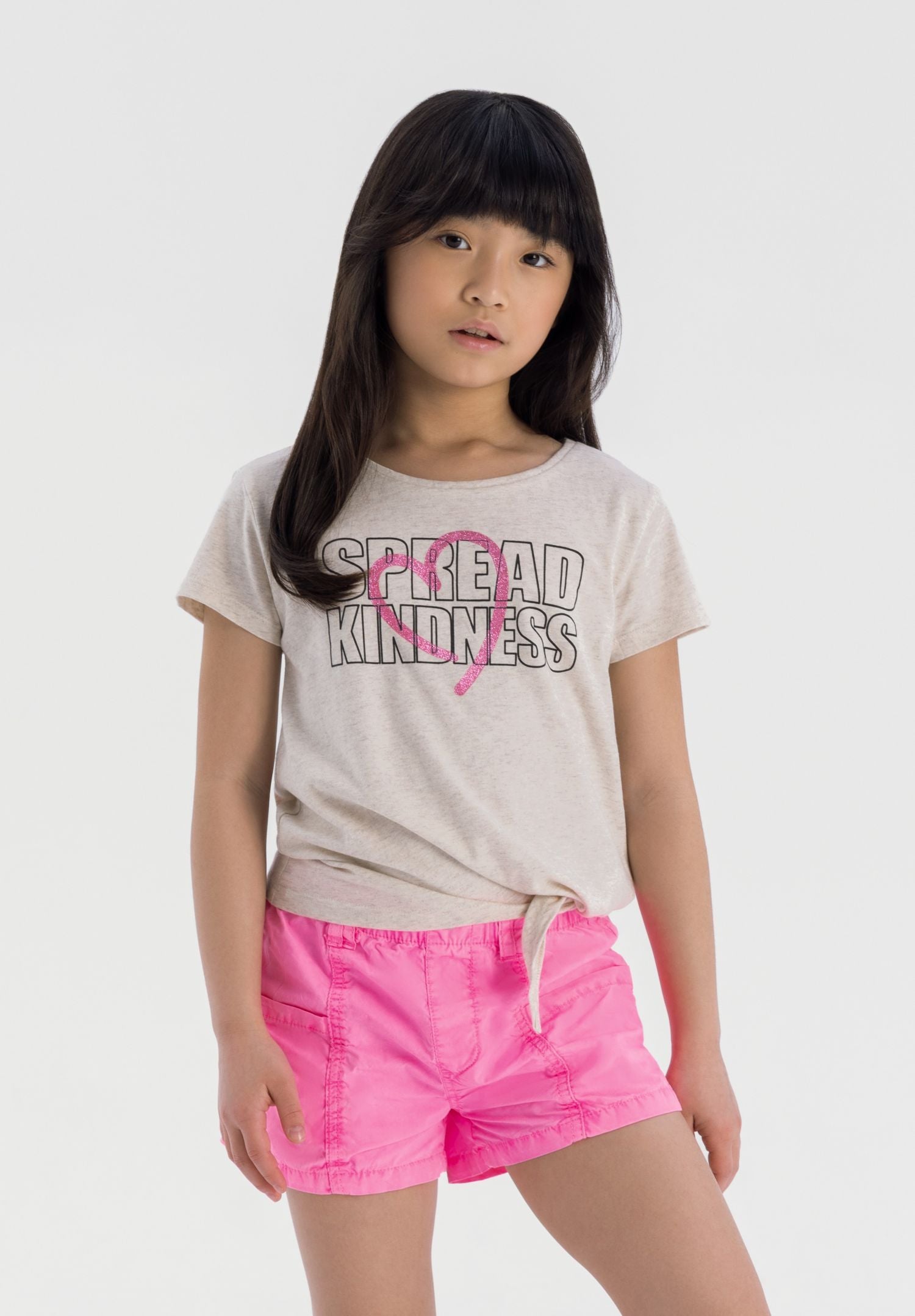 Tie-Front T-Shirt, Spread Kindness Slogan, Beige - 1