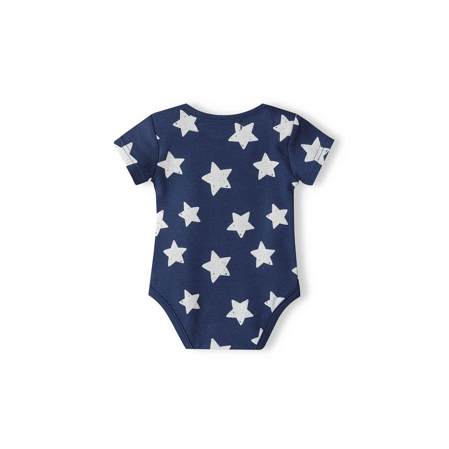 Single navy blue bodysuit with white star pattern displayed flat showing back view with envelope neckline on white background