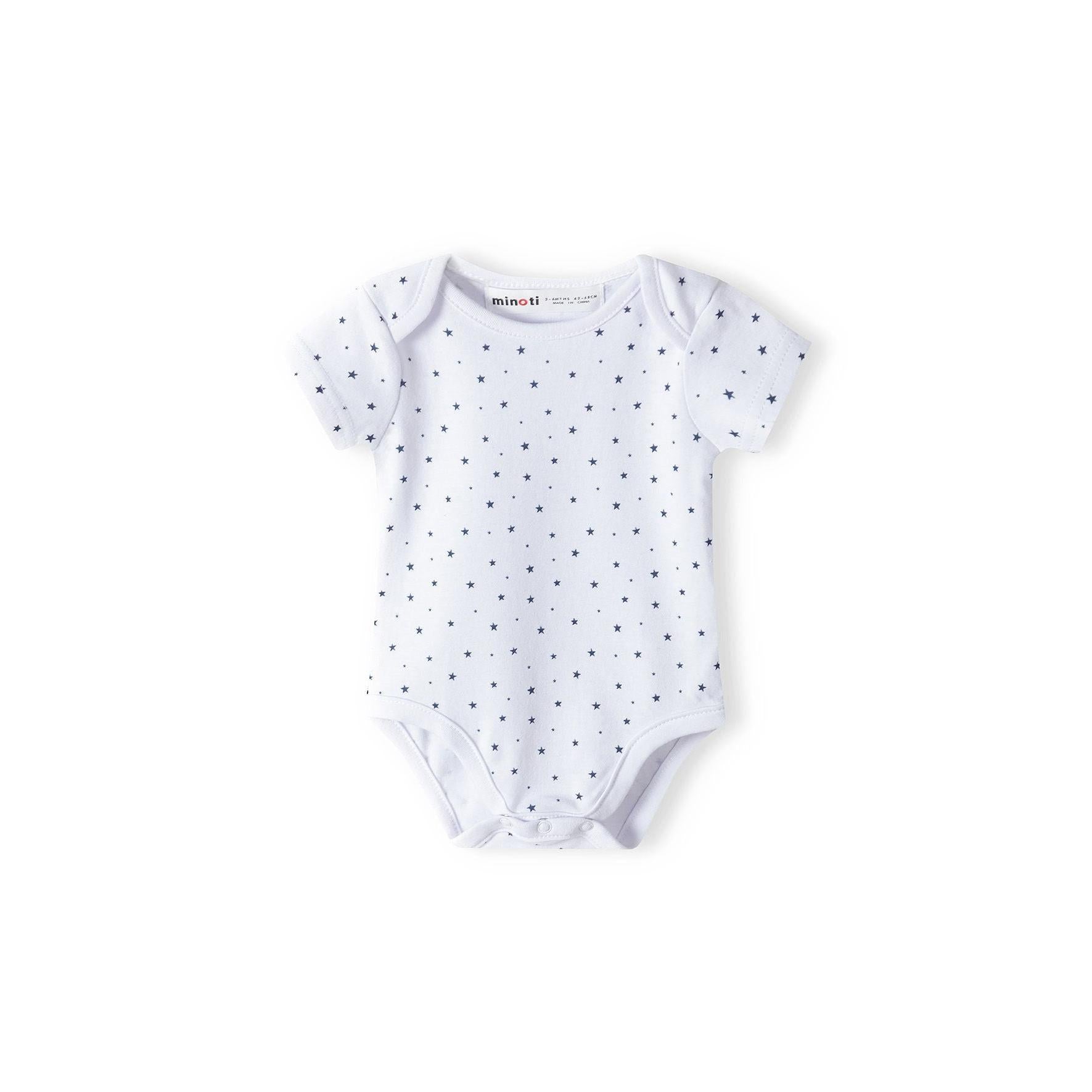 Single white bodysuit with navy blue micro star pattern displayed flat showing back view with envelope neckline on white background