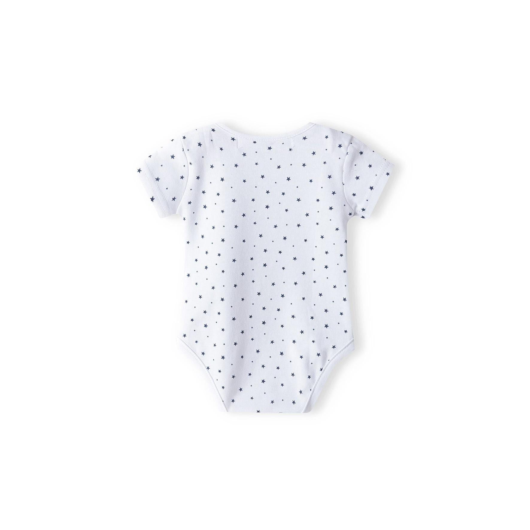Single white bodysuit with navy blue micro star pattern displayed flat showing back view with envelope neckline on white background