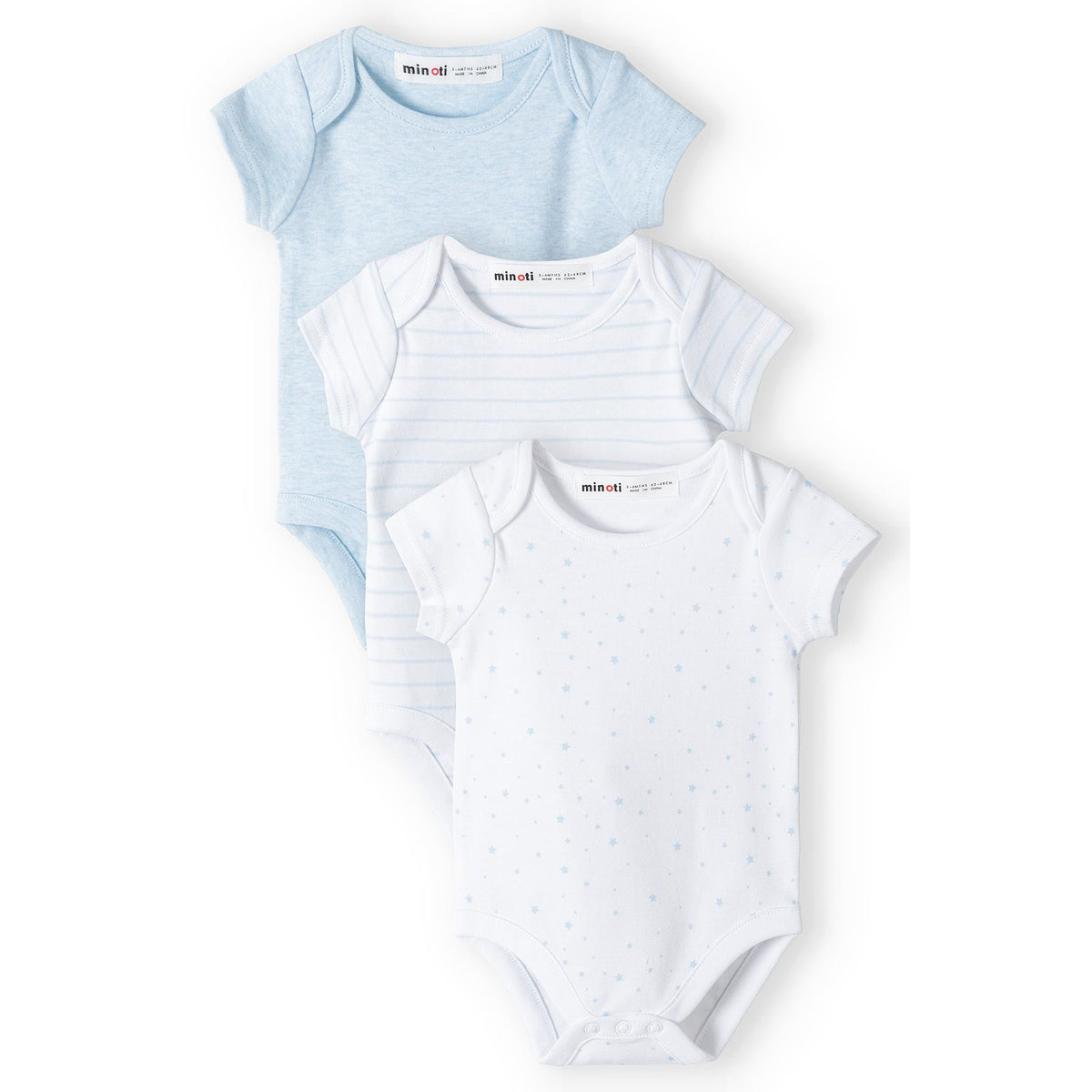 Baby short-sleeved bodysuits 3-pack in light blue and white — complete product view for square Shop card