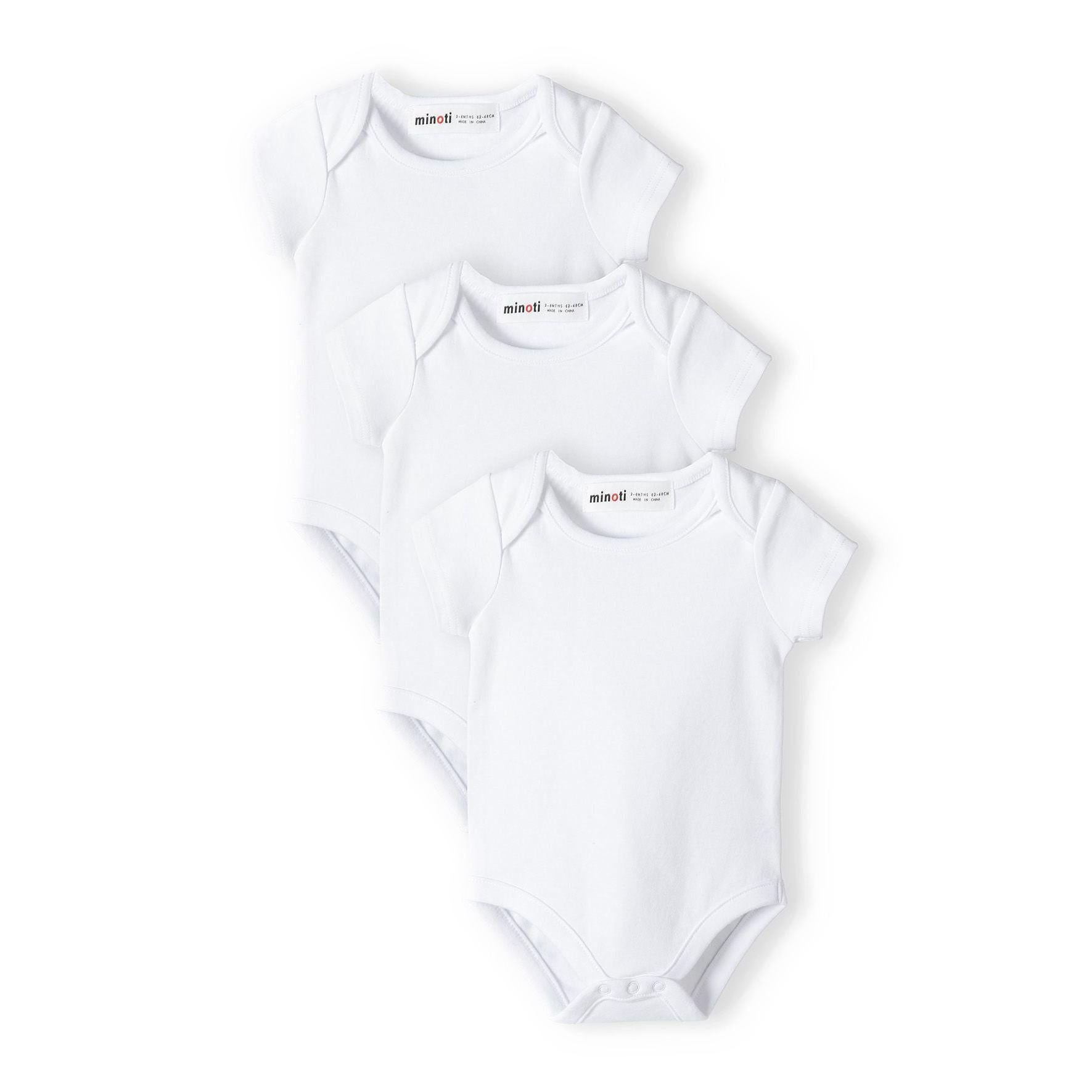 White short sleeve cotton bodysuit laid flat against white background showing Minoti brand label at neckline