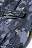 Boys windbreaker half zip black camo 1-14y featuring a black camouflage pattern, half zip, and bright inner lining. Perfect for casual wear.