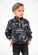 Boys windbreaker half zip black camo 1-14y. Black camouflage windbreaker with bright green accents and a half zip closure. Perfect for active boys.