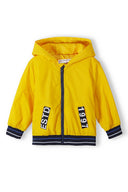 Boys windbreaker jacket with hood yellow 1-14y in lightweight fabric featuring contrast zip and cuffed sleeves.  Perfect for outdoor activities.