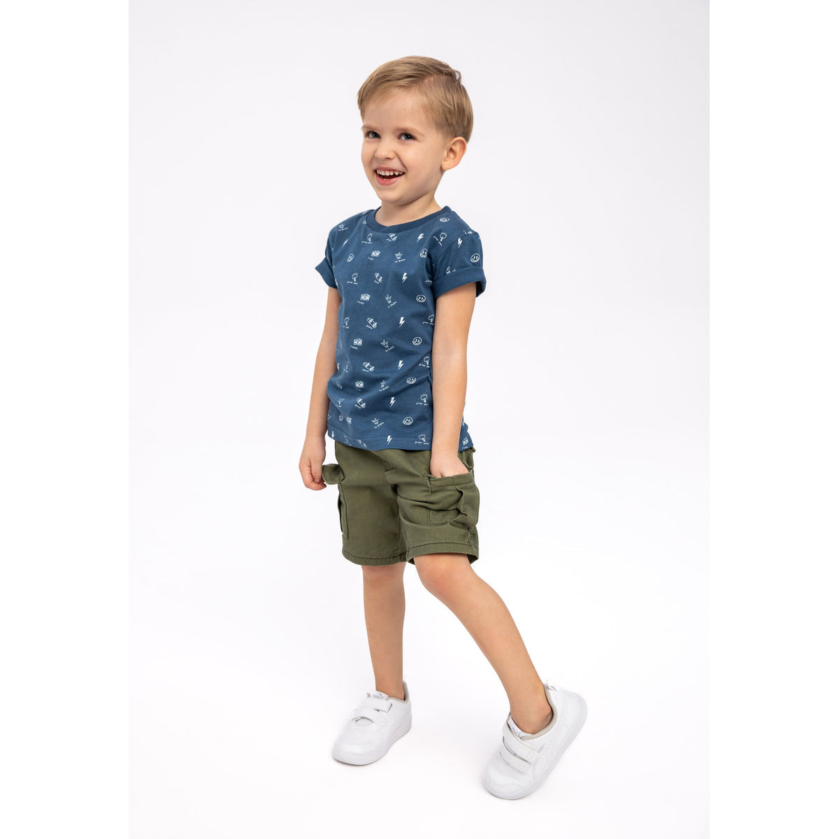 Boys' printed t-shirt in blue — complete product view for square Shop card