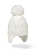 Baby knitted pom pom hat with ear pieces cream 0-24m, ribbed knit texture, soft fabric, cozy design for infants.