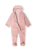 Baby sherpa snowsuit with ears light pink 0-24m featuring soft sherpa texture and cozy hood for infants.