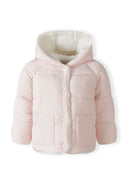Baby unisex padded jacket with faux fur trim light pink 0-24m, soft quilted fabric, cozy hood, perfect for infants.