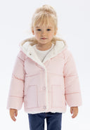 Baby unisex padded jacket with faux fur trim light pink 0-24m, featuring quilted fabric and soft lining for warmth.