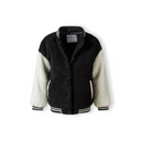 Black cream shearling baseball jacket with striped cuffs and snap closure