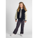 Navy and cream fleece-lined girls baseball jacket with striped trim and snap closure