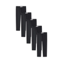 Black jersey leggings with elastic waistband, neatly arranged in diagonal row