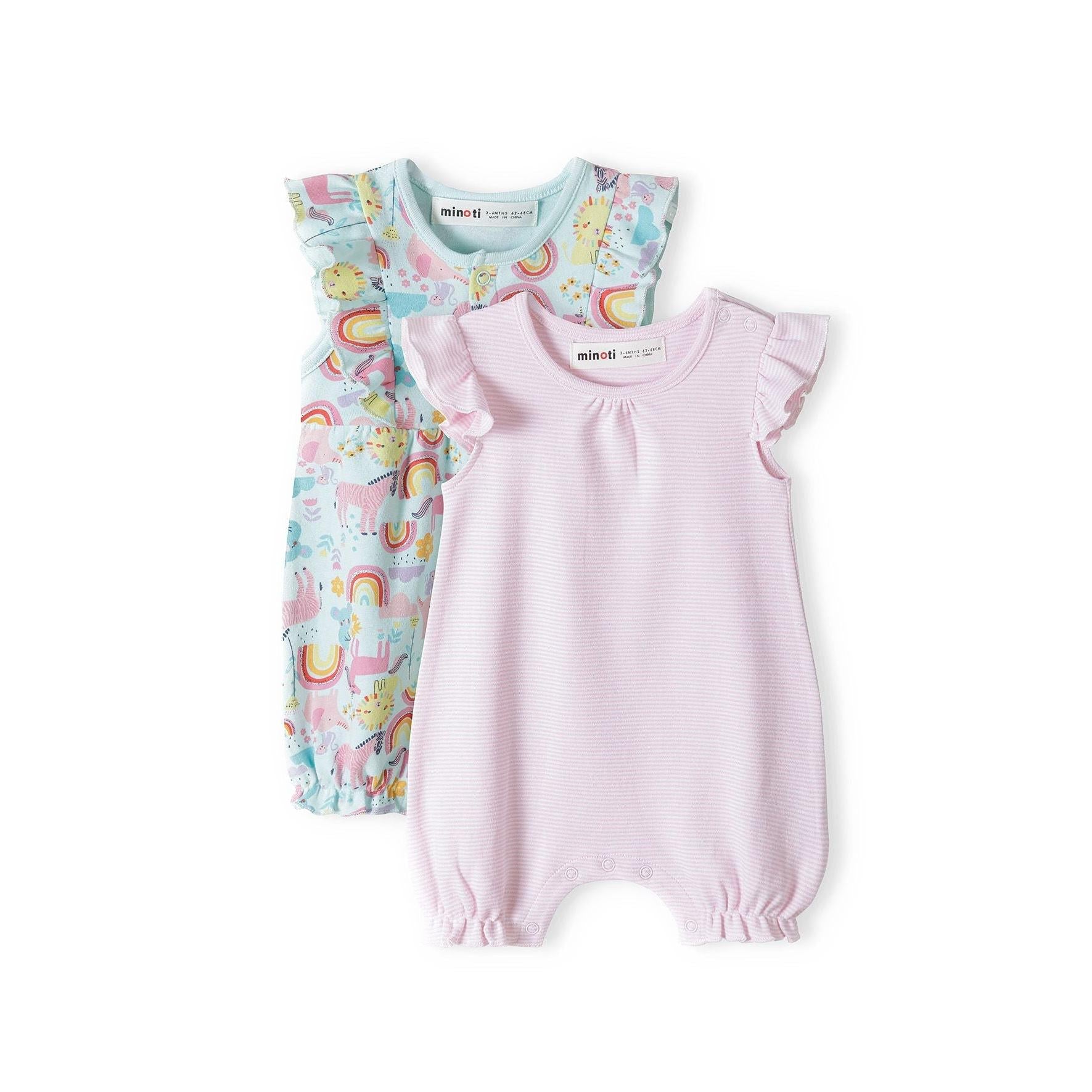 Two baby rompers displayed flat - one turquoise with rainbow and sun print featuring flutter sleeves, one pink striped with flutter sleeves, both showing Minoti labels on white background