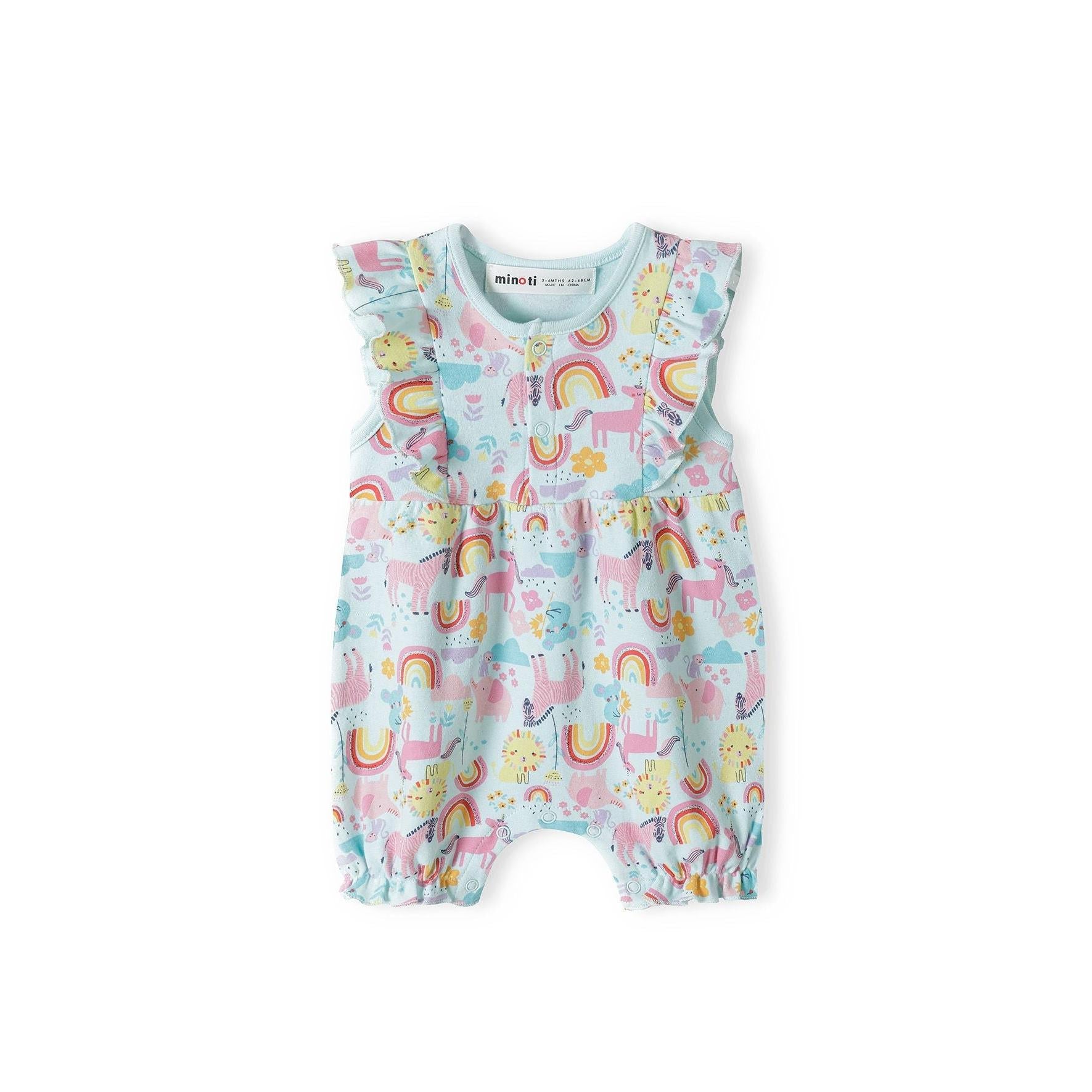Single turquoise romper with colorful rainbow, sun and cloud print pattern, showing flutter sleeves and gathered leg openings on white background