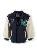 Boys baseball jacket in navy blue and cream with green embroidered M