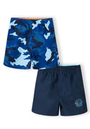 Boys beach swim shorts 2 pack with print navy 3-14y. Navy blue and camo printed shorts with elasticated waistband for comfort.