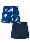 Boys beach swim shorts 2 pack with print navy 3-14y including camo and solid navy designs made from lightweight material.