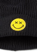 Boys beanie badge 6m-8y black ribbed knit with yellow smiley face