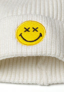 Boys beanie in badge cream ribbed knit with yellow smiley face embroidery