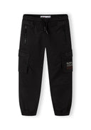 Boys black cargo trousers with elastic drawstring waist and zip pockets
