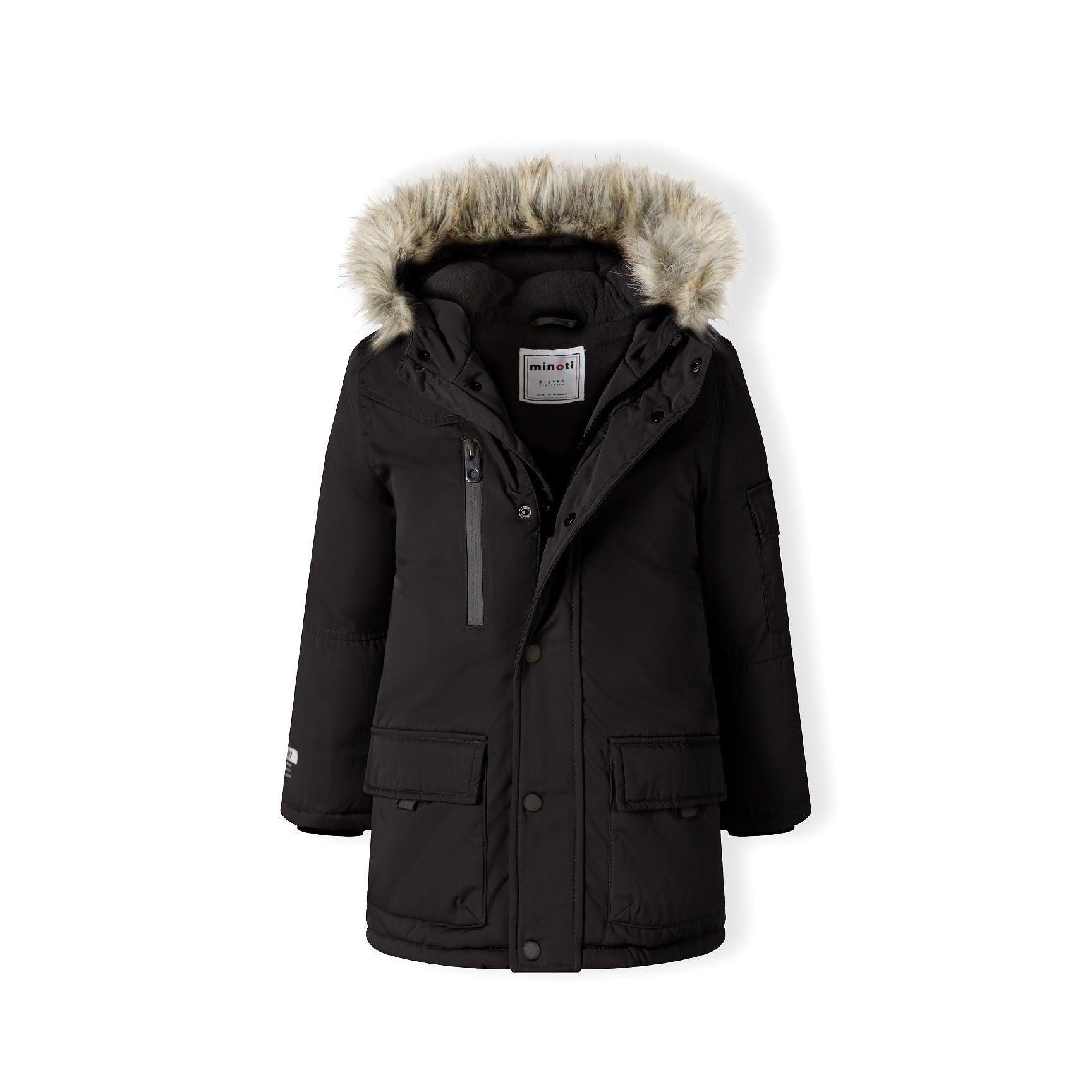 Close-up detail of black parka hood with grey faux fur trim showing attachment buttons and fabric texture
