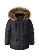 Boys black jacket with fleece lining and detachable fur hood
