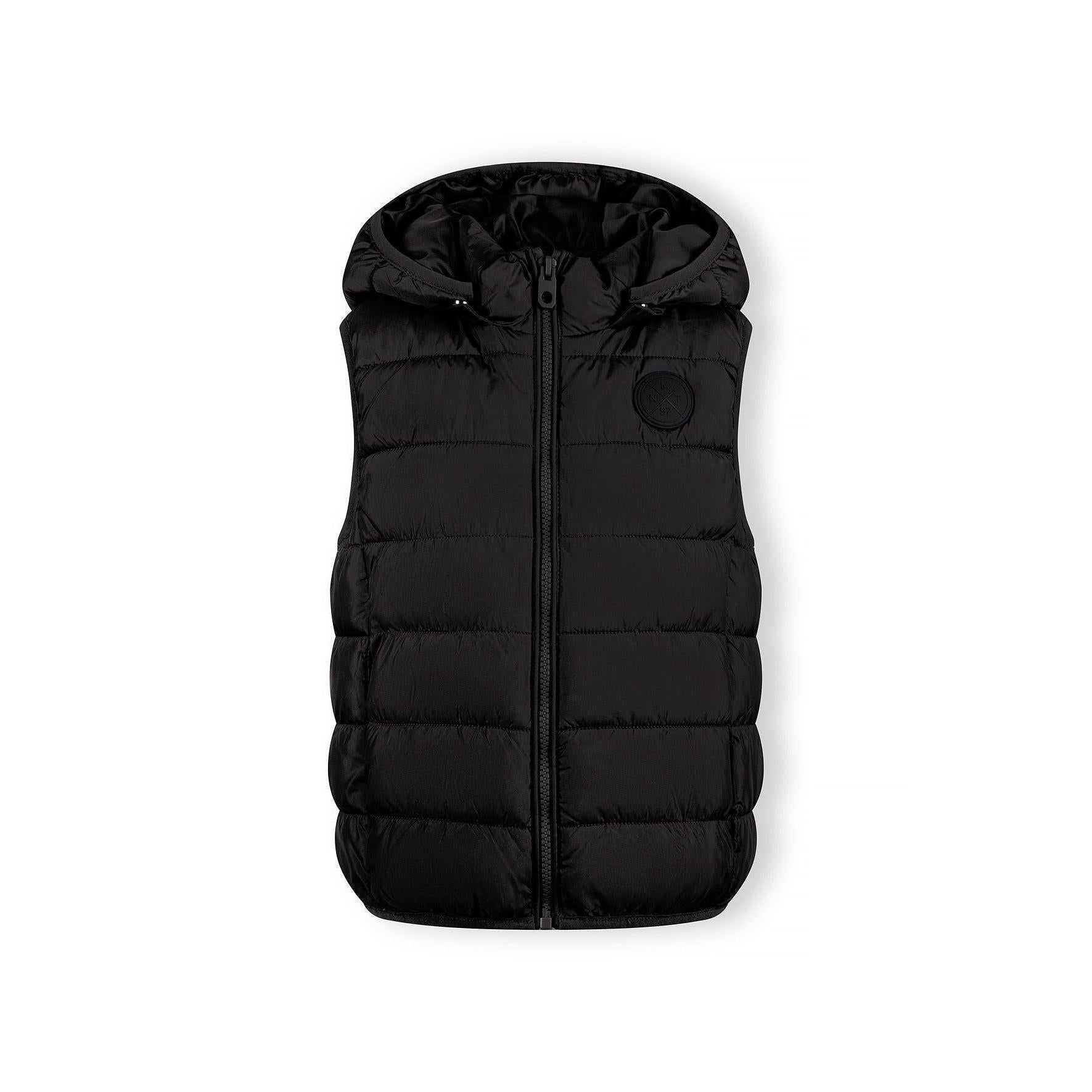 Detail view of black padded gilet front zipper and quilted chest panel construction