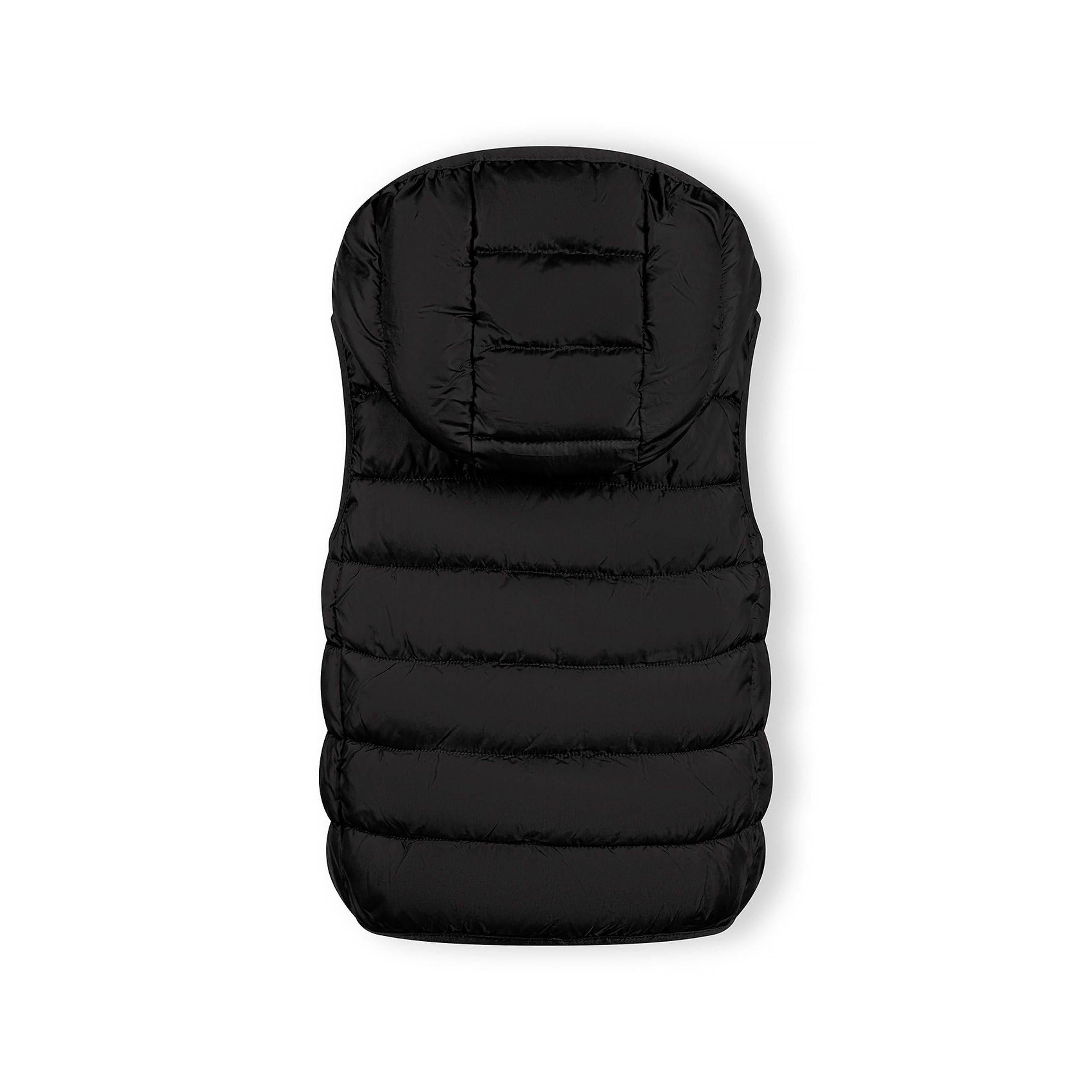 Detail view of black padded gilet front zipper and quilted chest panel construction
