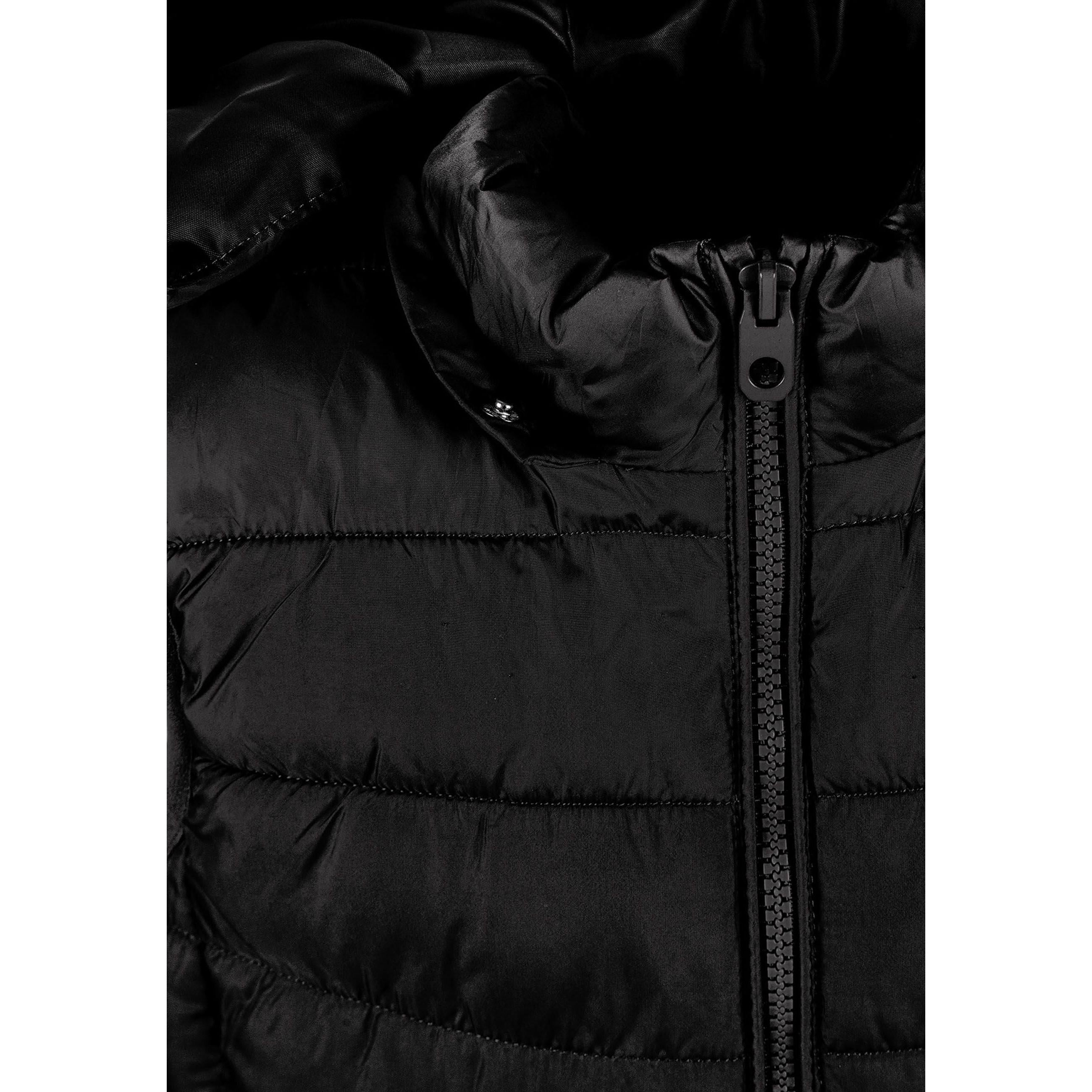 Close-up detail of black padded gilet showing quilted texture, front zip closure and hood construction