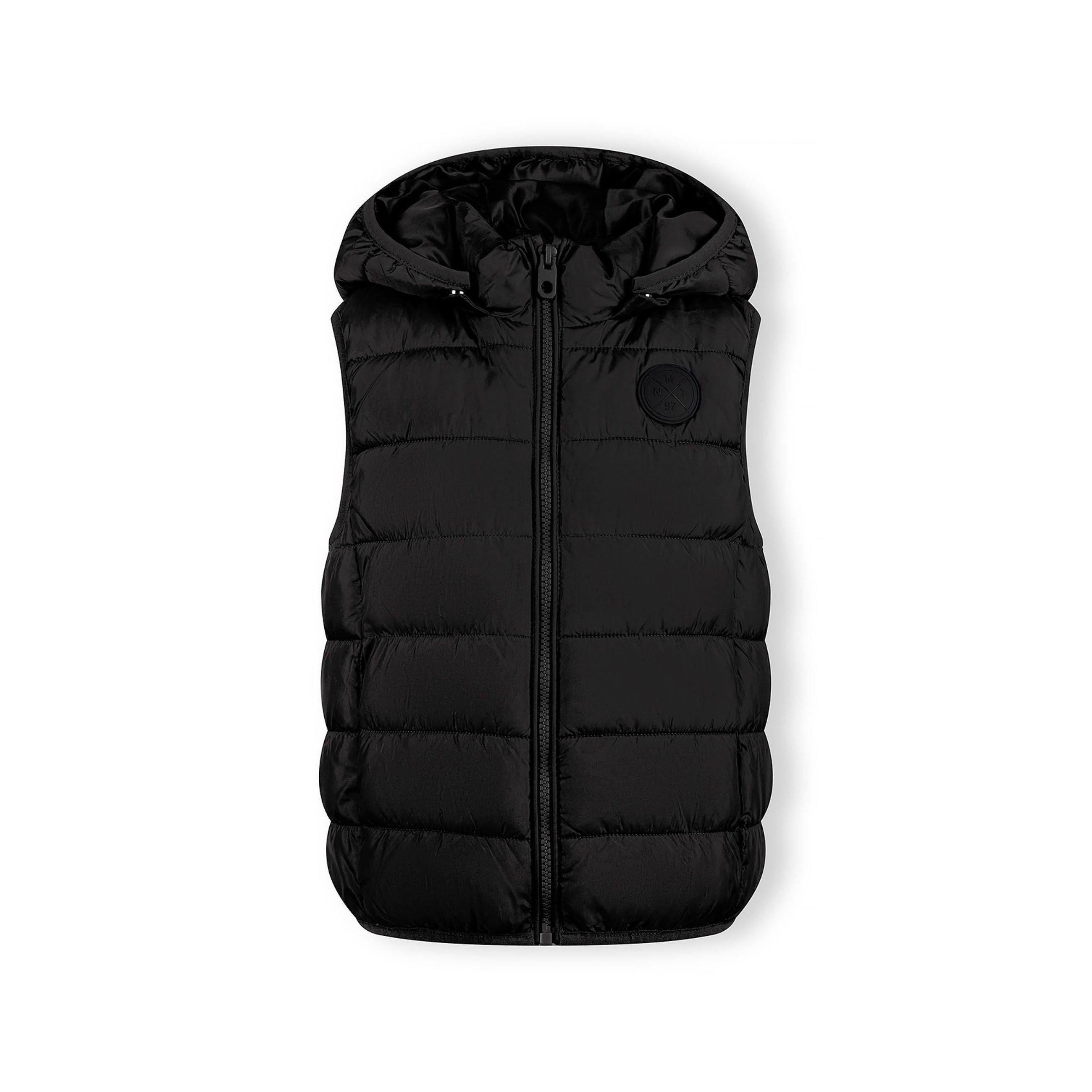 Close-up detail of black padded gilet showing quilted texture, front zip closure and hood construction